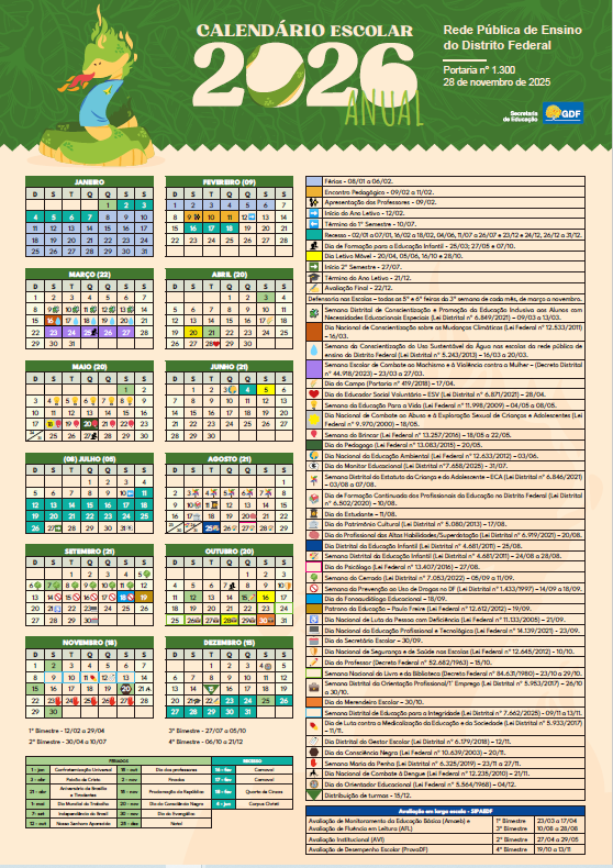 Calendário escolar 2026 da rede pública do Distrito Federal
