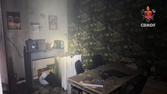 Bombeiros do DF combatendo incêndio em clínica veterinária na Ceilândia com resgate de animais.