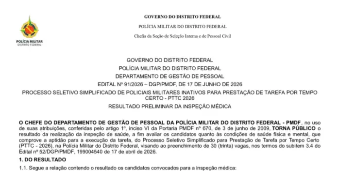 Publicação do Edital 91 com os Resultados da Inspeção de Saúde dos Candidatos em Relação às Condições Físicas e Mentais